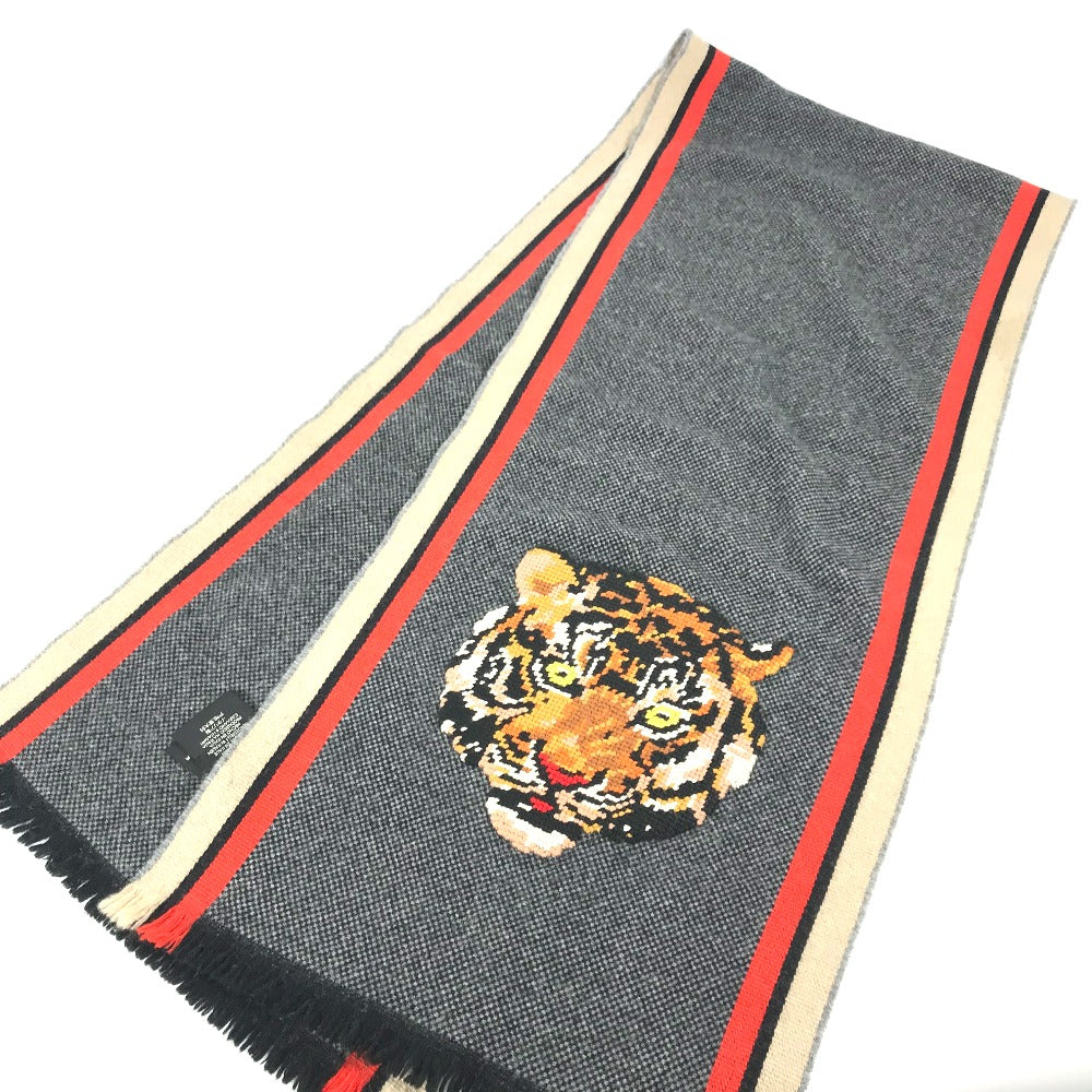 GUCCI タイガー 虎 刺繍 フリンジ マフラー ウール メンズ