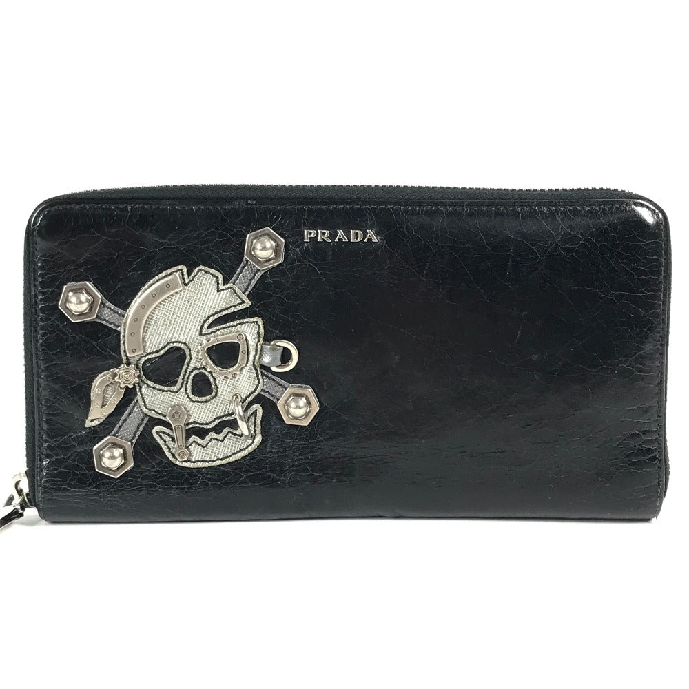 PRADA 2M1264 Skull Skull Long Wallet Round Zipper Long Wallet Leather Unisex Black