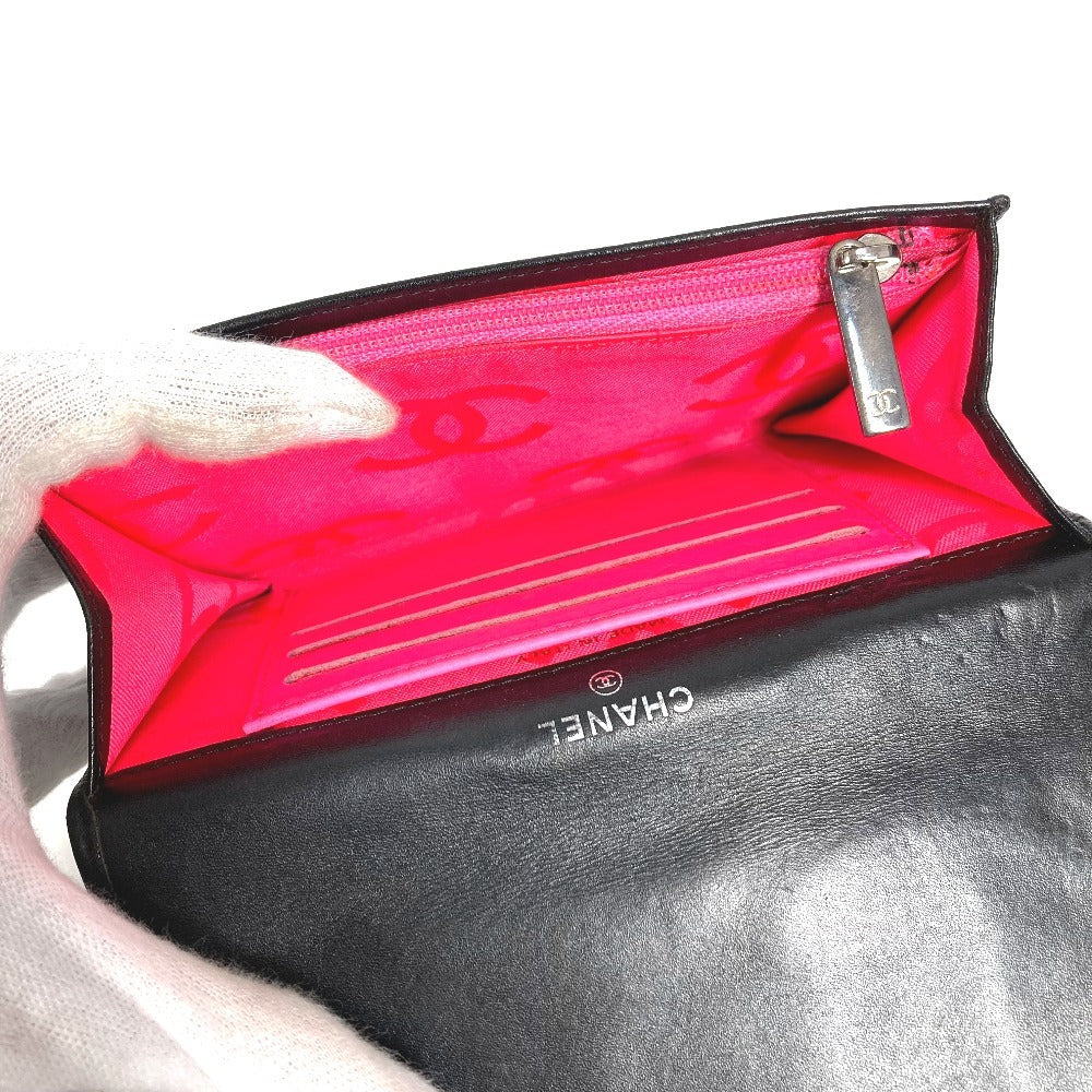 CHANEL Cambon Line CC 코코 마크 Bifold 로고 컴팩트 지갑 플랩 Bifold 지갑 가죽 여성용 블랙