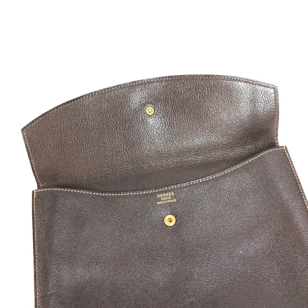 HERMES Vintage Logo Bag Pouch Flap Second Bag Clutch Bag Leather Unisex Brown