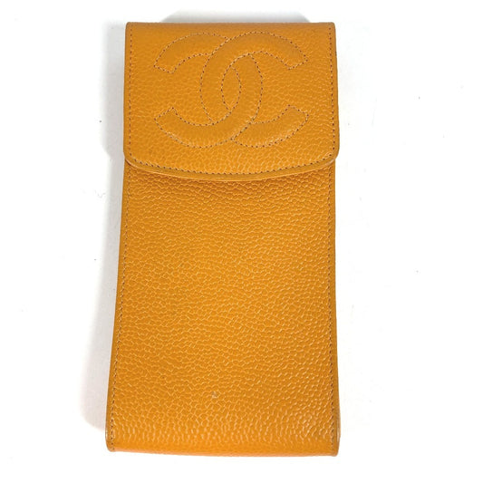 CHANEL ヴィンテージ CC ココマーク ロゴ メガネケース サングラスケース めがね メガネ アイウェア 眼鏡 ポーチ キャビアスキン レディース イエロー