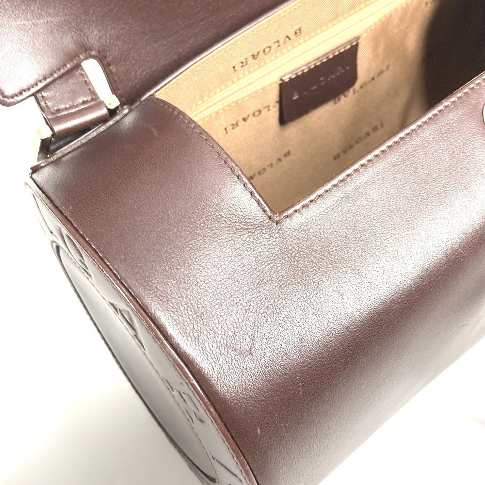 BVLGARI ロゴマニア 筒形 ドラム型 カバン フラップ ショルダーバッグ レザー ユニセックス ブラウン