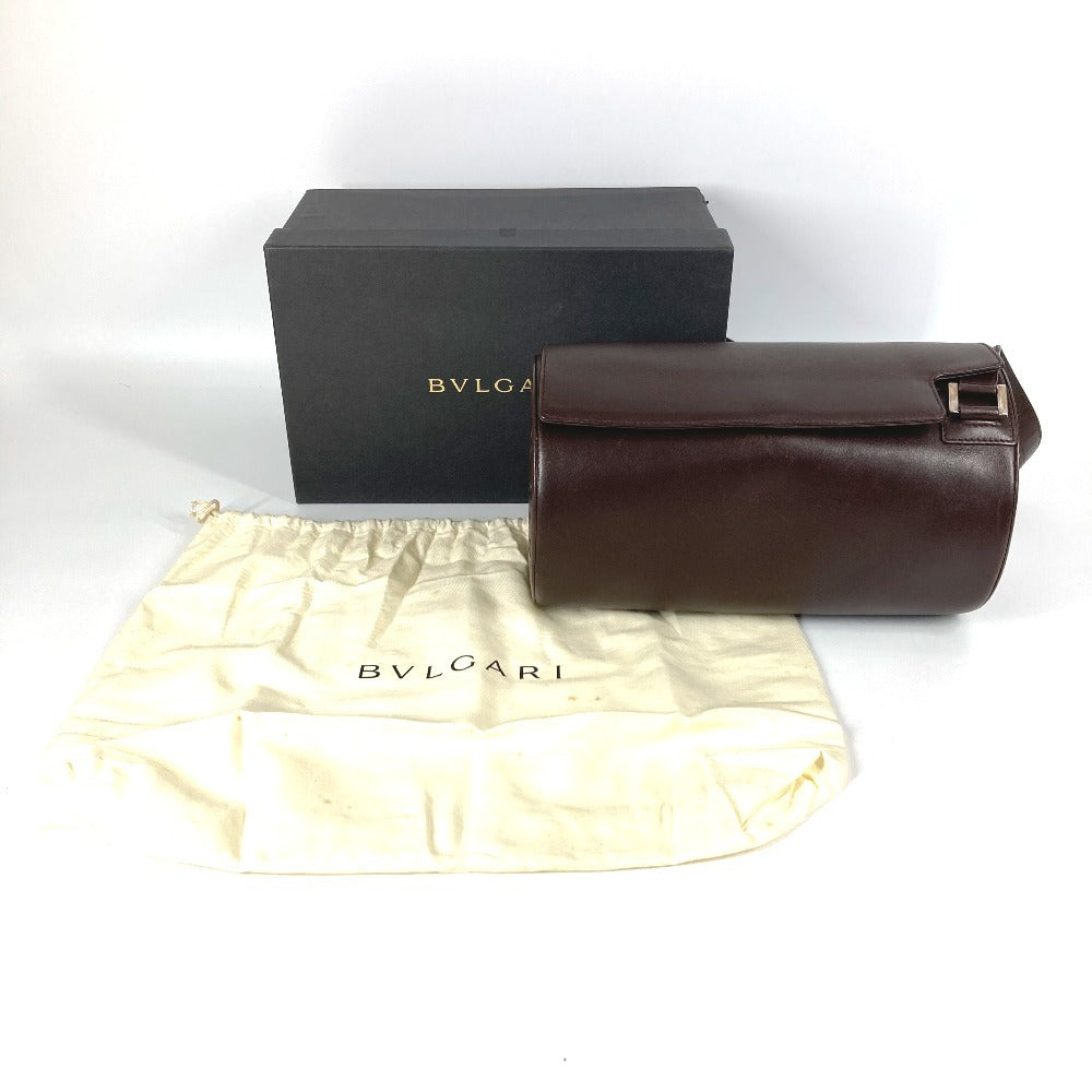 BVLGARI ロゴマニア 筒形 ドラム型 カバン フラップ ショルダーバッグ レザー ユニセックス ブラウン