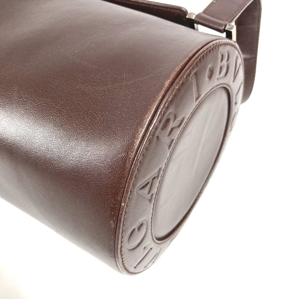 BVLGARI ロゴマニア 筒形 ドラム型 カバン フラップ ショルダーバッグ レザー ユニセックス ブラウン