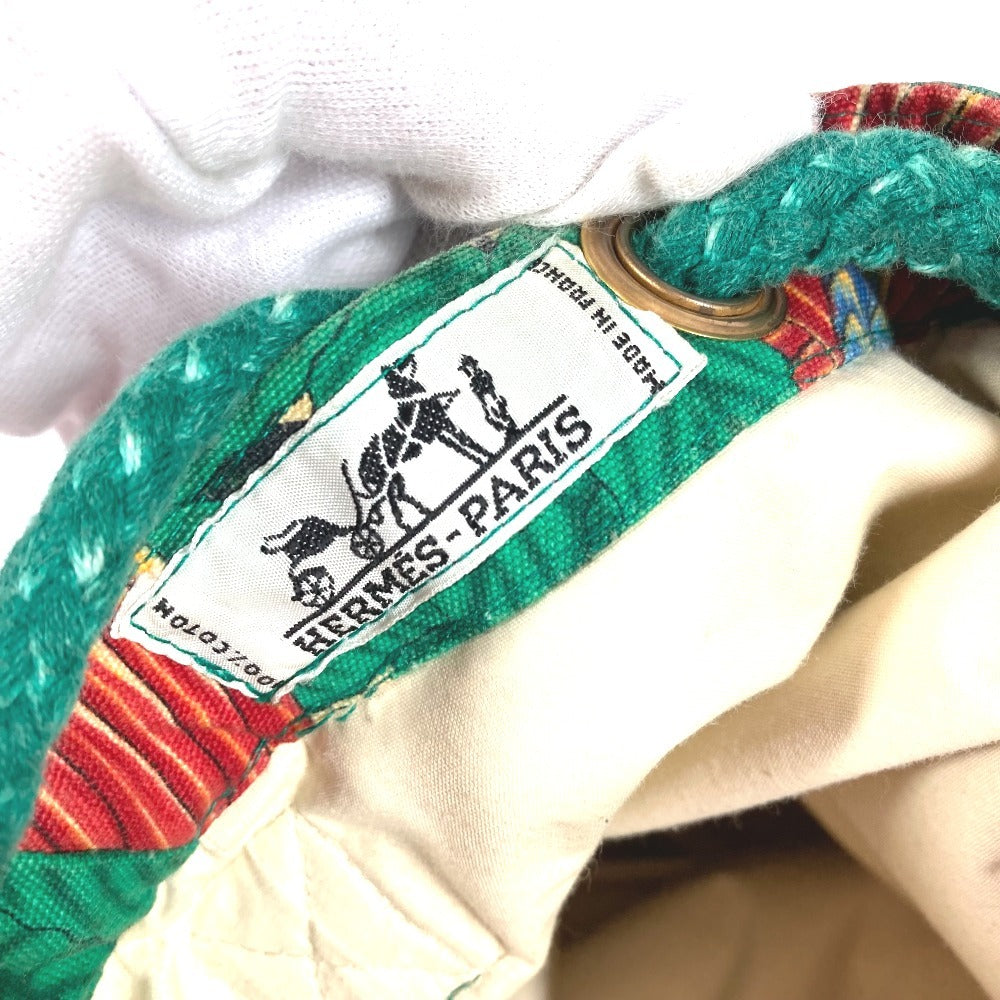 HERMES ヴィンテージ 鳥柄 カバン 肩掛け 巾着バッグ ショルダーバッグ コットン レディース グリーン