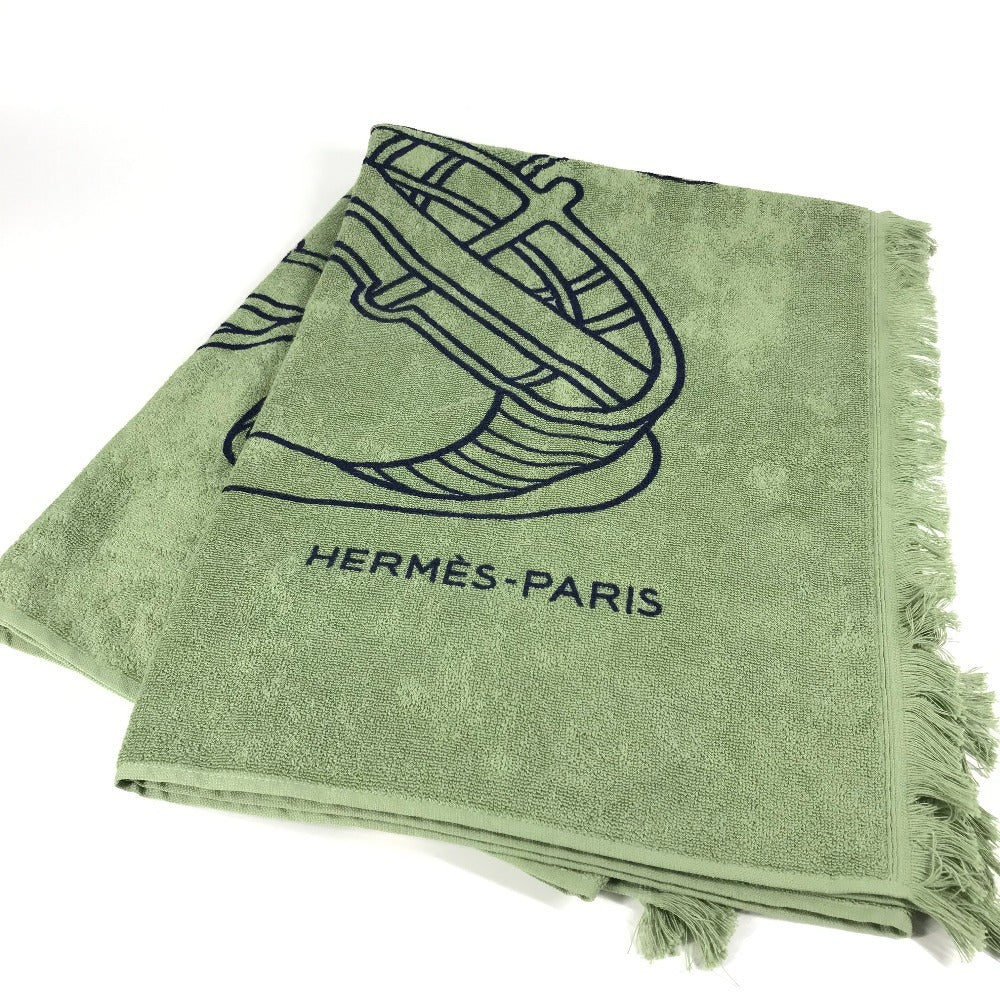 HERMES DRAP DE PLAGE YACHTING THALASSA ヨッティング プラージュ テレサ バスタオル インテリア ひざかけ ブランケット フリンジ タオル コットン ユニセックス グリーン