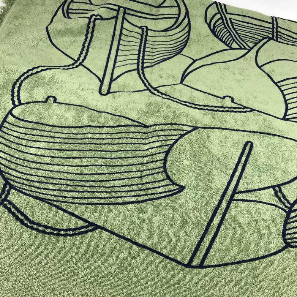 HERMES DRAP DE PLAGE YACHTING THALASSA ヨッティング プラージュ テレサ バスタオル インテリア ひざかけ ブランケット フリンジ タオル コットン ユニセックス グリーン