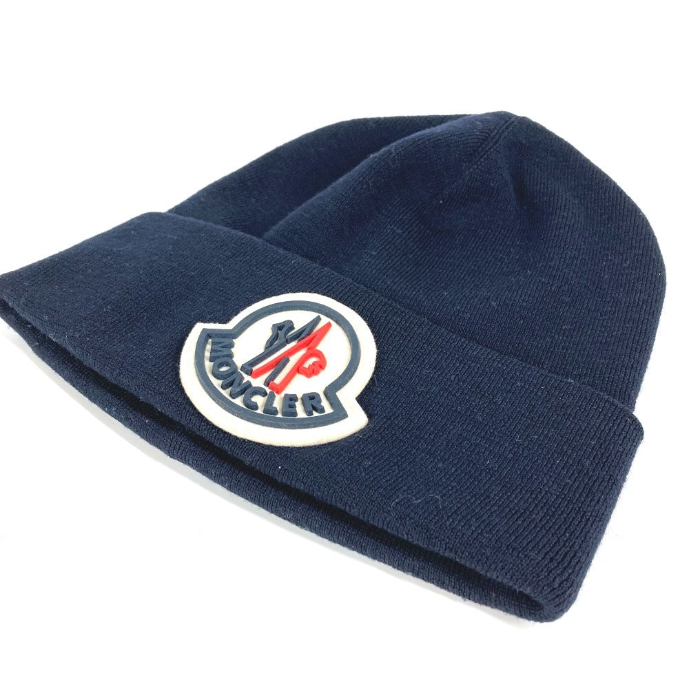MONCLER Rubber Patch Logo Big BERRETTO TRICOT HAT beanie hat knit hat knit cap Knit hat wool Navy Used