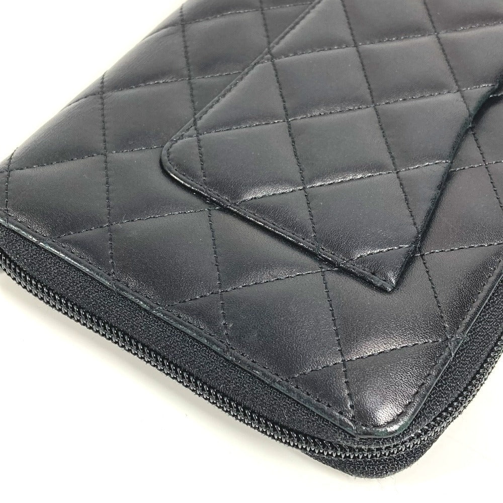 CHANEL Cambon Line Travel Case A26710 CC Coco Mark Logo Long Wallet Round Zipper Leather Women's Black