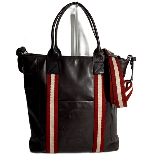 BALLY Vertical Tote Bag with Logo Stripe, 2-Way Bag, Can Be Used as a Handbag or Shoulder Bag, Leather, Men's, Brown