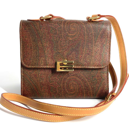 ETRO Logo Paisley Print Crossbody Pochette Flap Shoulder Bag in Brown Leather for Women
