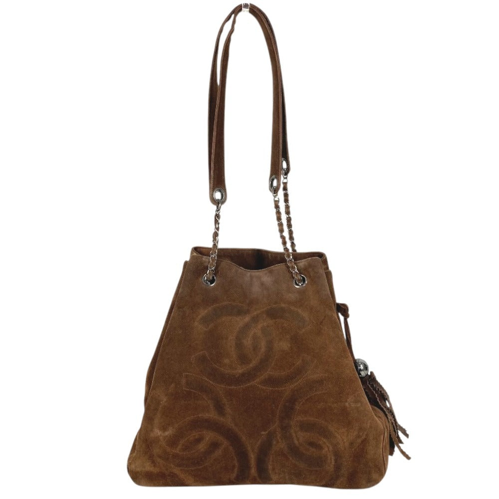 CHANEL ヴィンテージ CC ココマーク トリプルココ ココボール フリンジ タッセル カバン 肩掛け Wチェーン トートバッグ ショルダーバッグ スエード ユニセックス ブラウン