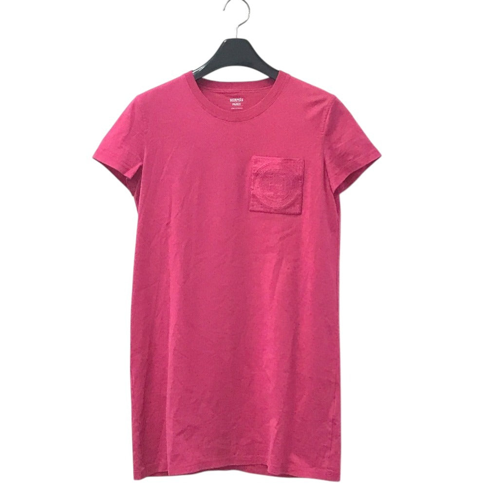 HERMES Embroidered Mosaic H Logo Pocket Apparel T-Shirt Dress, Round Neck, Cotton, Women's, Pink