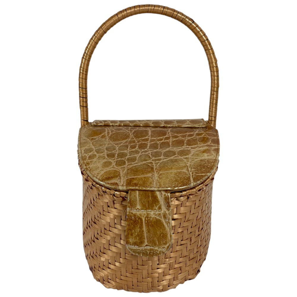 FENDI Vintage Basket Bag Handbag Crocodile Embossed Leather Women's Beige