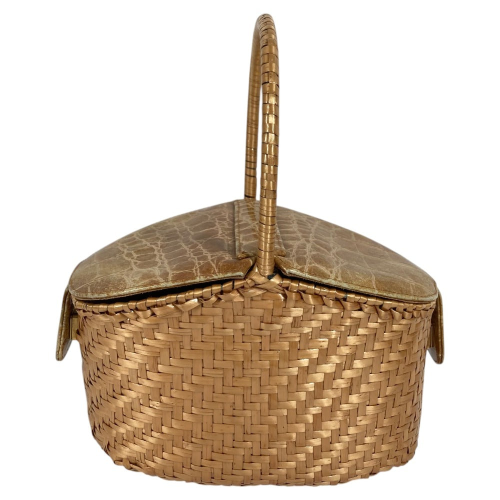 FENDI Vintage Basket Bag Handbag Crocodile Embossed Leather Women's Beige