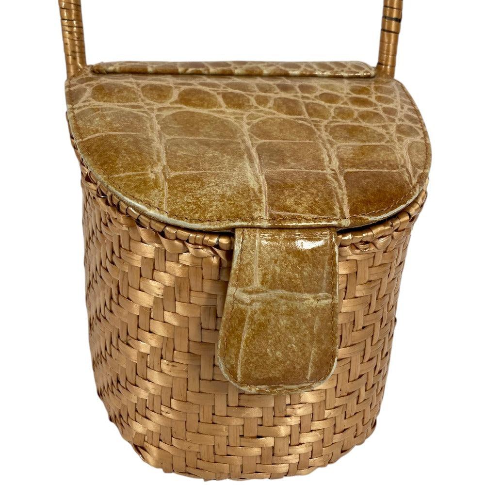 FENDI Vintage Basket Bag Handbag Crocodile Embossed Leather Women's Beige