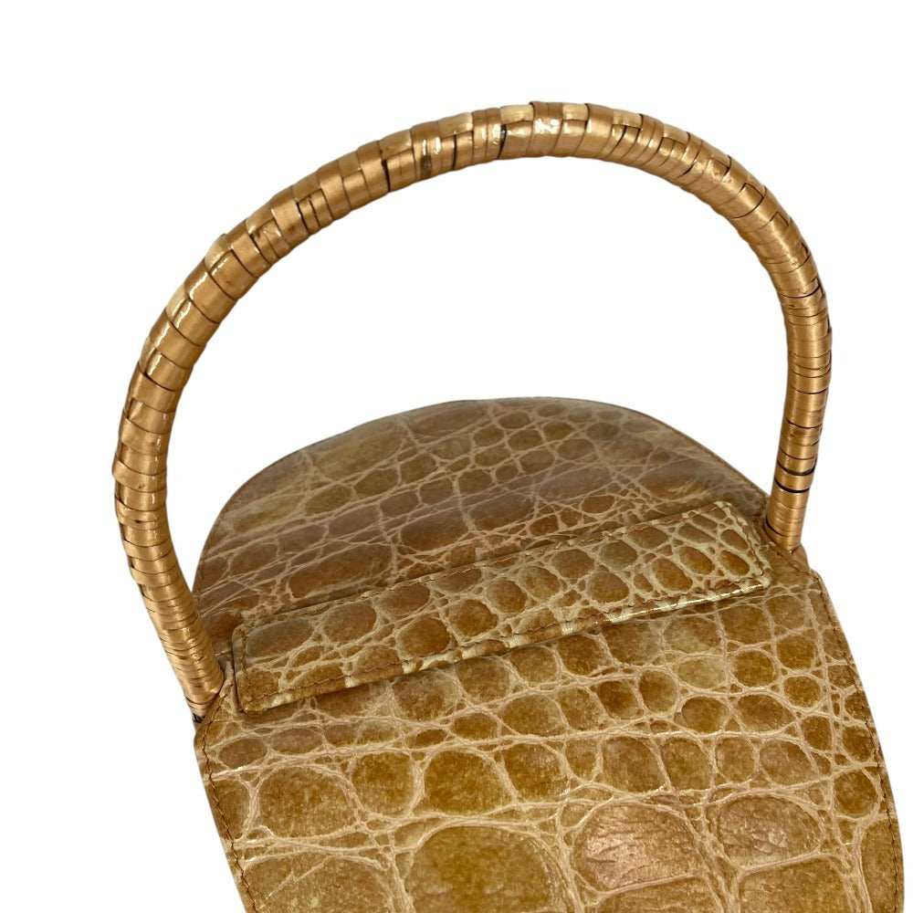 FENDI Vintage Basket Bag Handbag Crocodile Embossed Leather Women's Beige
