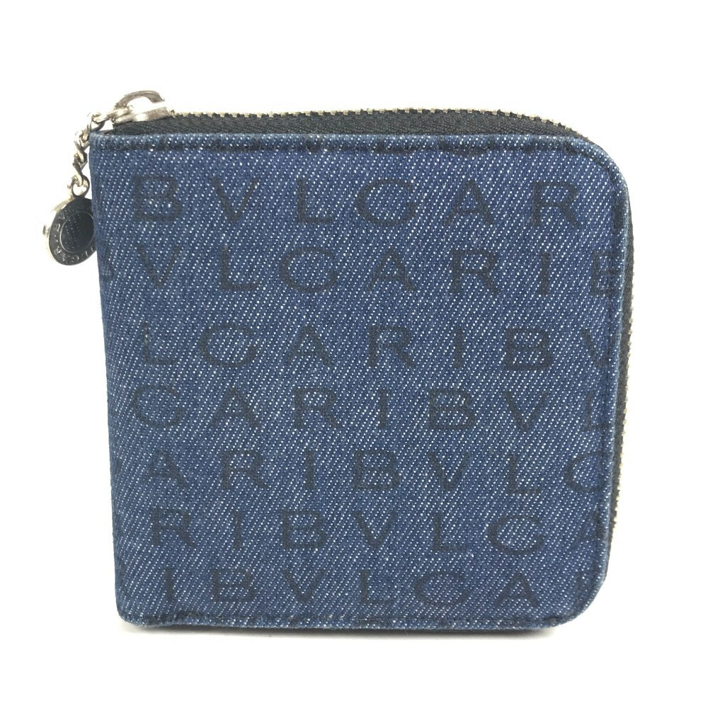 BVLGARI ロゴマニア 総柄 デニム ラウンドファスナー コンパクトウォレット 2つ折り財布 レザー/キャンバス ユニセックス ブルー