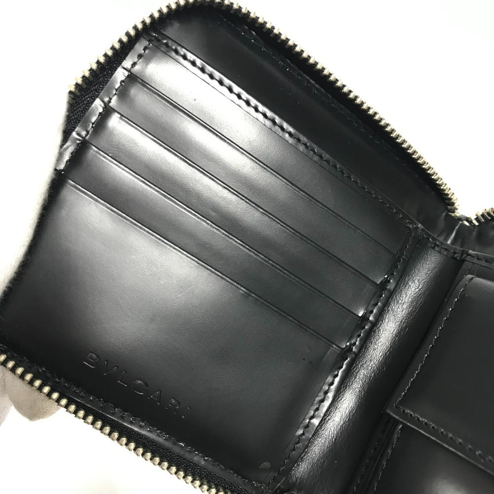 BVLGARI ロゴマニア 総柄 デニム ラウンドファスナー コンパクトウォレット 2つ折り財布 レザー/キャンバス ユニセックス ブルー