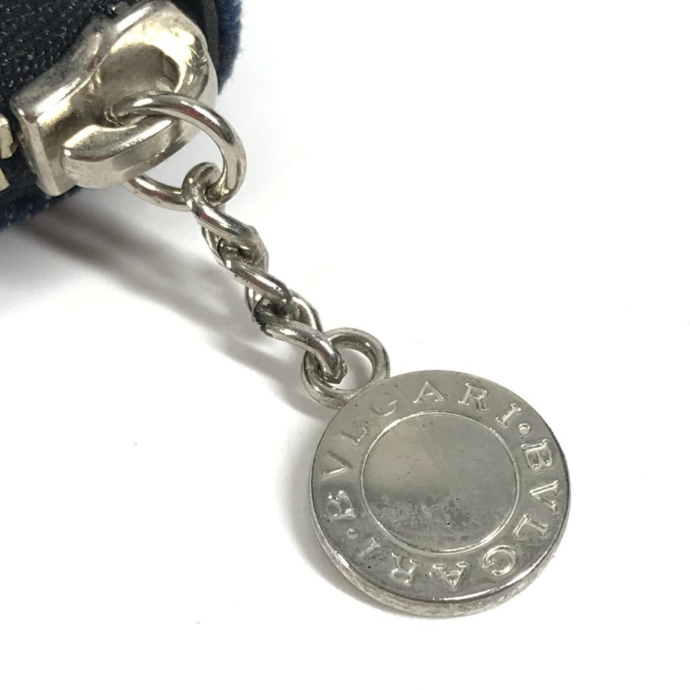 BVLGARI ロゴマニア 総柄 デニム ラウンドファスナー コンパクトウォレット 2つ折り財布 レザー/キャンバス ユニセックス ブルー