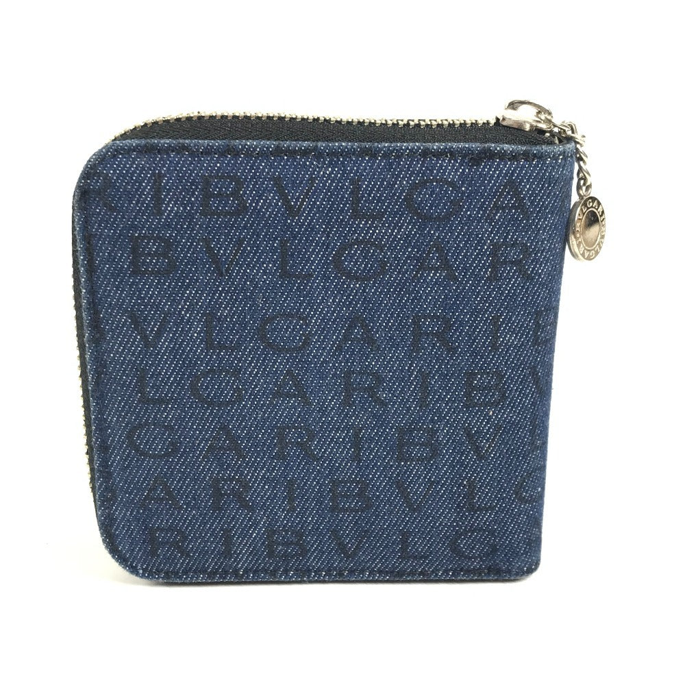 BVLGARI ロゴマニア 総柄 デニム ラウンドファスナー コンパクトウォレット 2つ折り財布 レザー/キャンバス ユニセックス ブルー