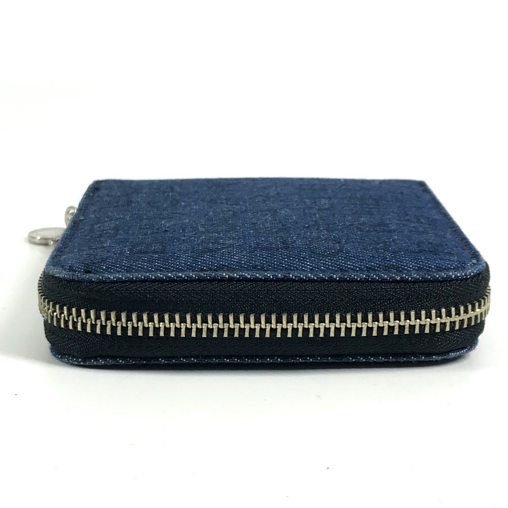 BVLGARI ロゴマニア 総柄 デニム ラウンドファスナー コンパクトウォレット 2つ折り財布 レザー/キャンバス ユニセックス ブルー