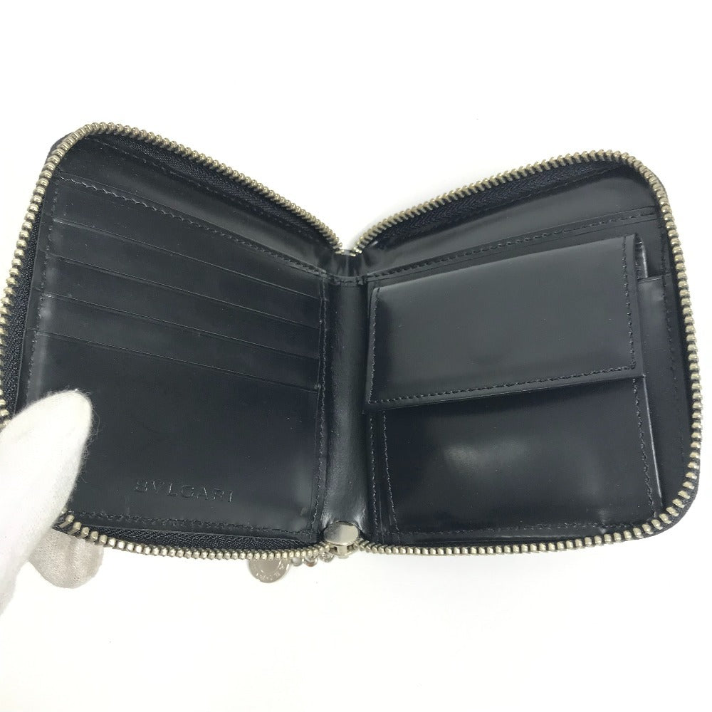 BVLGARI ロゴマニア 総柄 デニム ラウンドファスナー コンパクトウォレット 2つ折り財布 レザー/キャンバス ユニセックス ブルー