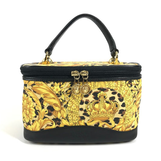VERSACE ヴィンテージ レオパード 豹柄 ヒョウ カバン バニティ型 ポーチ ミラー付き 鏡 ハンドバッグ PVC/レザー レディース イエロー