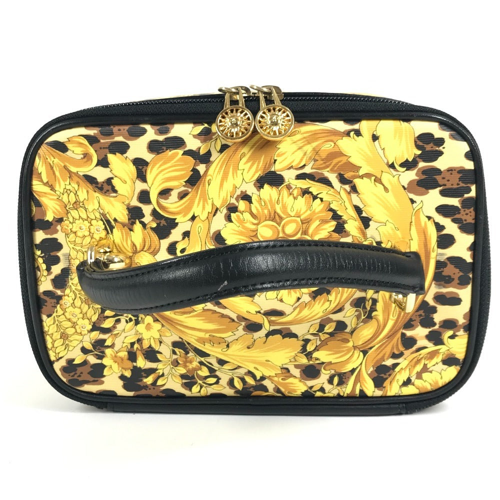 VERSACE ヴィンテージ レオパード 豹柄 ヒョウ カバン バニティ型 ポーチ ミラー付き 鏡 ハンドバッグ PVC/レザー レディース イエロー