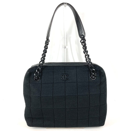 CHANEL CC Coco Mark Logo Chocolate Bar Tote Bag Shoulder Bag Cotton Unisex Black