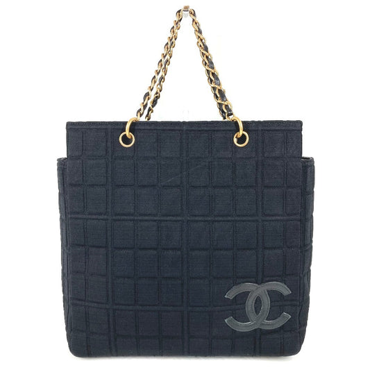 CHANEL CC Coco Mark Logo Chocolate Bar Bag Tote Bag Shoulder Bag W Chain Bag Shoulder Bag Cotton Unisex Black