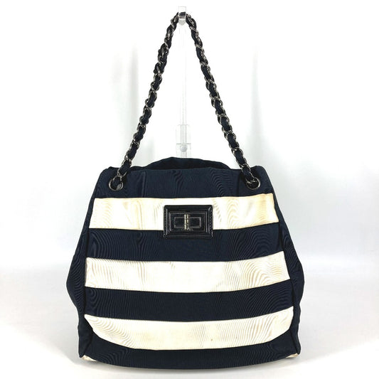CHANEL 2.55金具 ボーダー カバン 肩掛け トートバッグ Wチェーン ショルダーバッグ ナイロンキャンバス ユニセックス ブラック