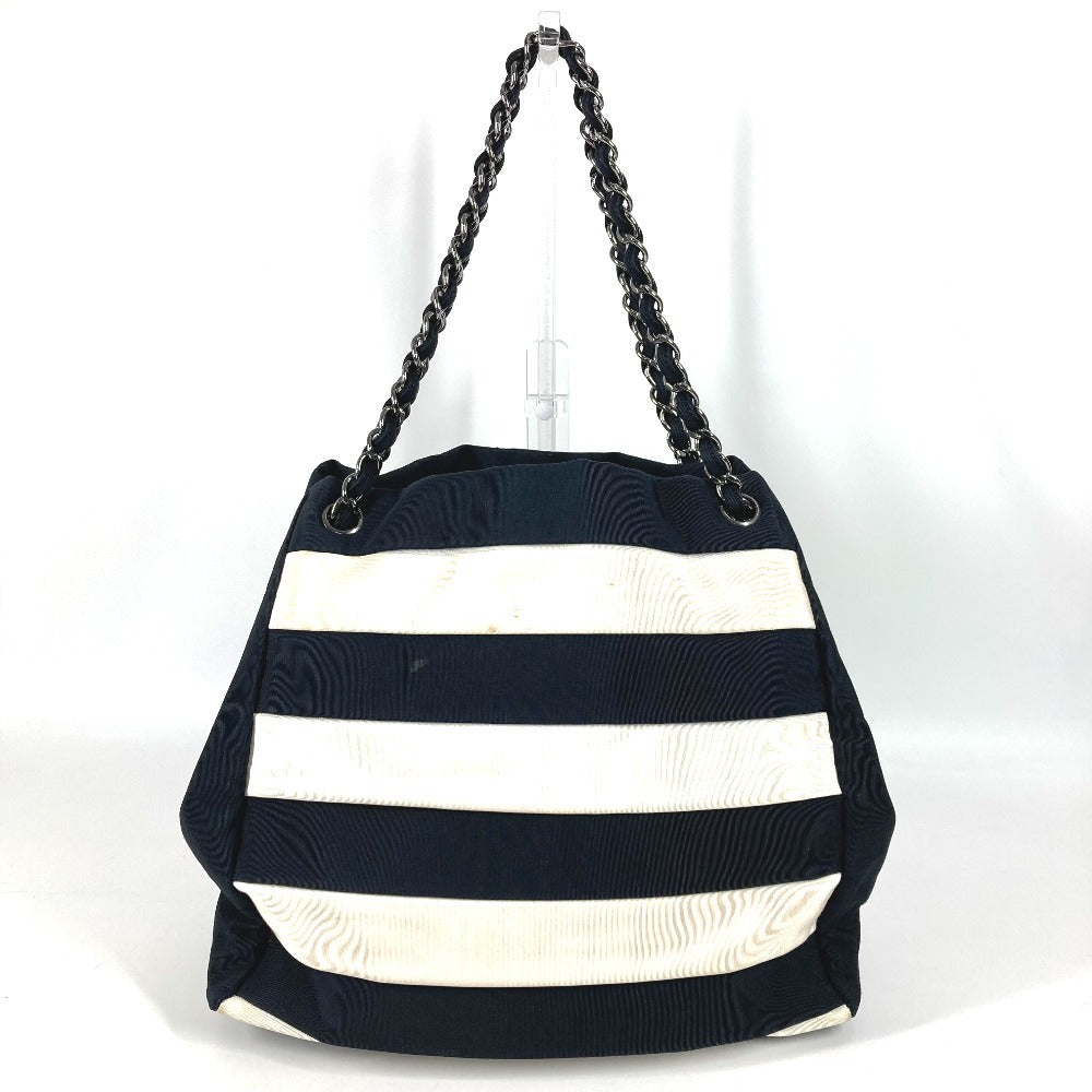 CHANEL 2.55金具 ボーダー カバン 肩掛け トートバッグ Wチェーン ショルダーバッグ ナイロンキャンバス ユニセックス ブラック