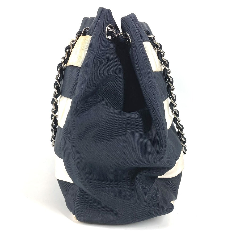 CHANEL 2.55金具 ボーダー カバン 肩掛け トートバッグ Wチェーン ショルダーバッグ ナイロンキャンバス ユニセックス ブラック