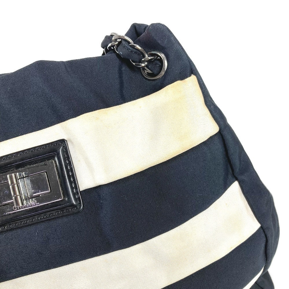 CHANEL 2.55金具 ボーダー カバン 肩掛け トートバッグ Wチェーン ショルダーバッグ ナイロンキャンバス ユニセックス ブラック