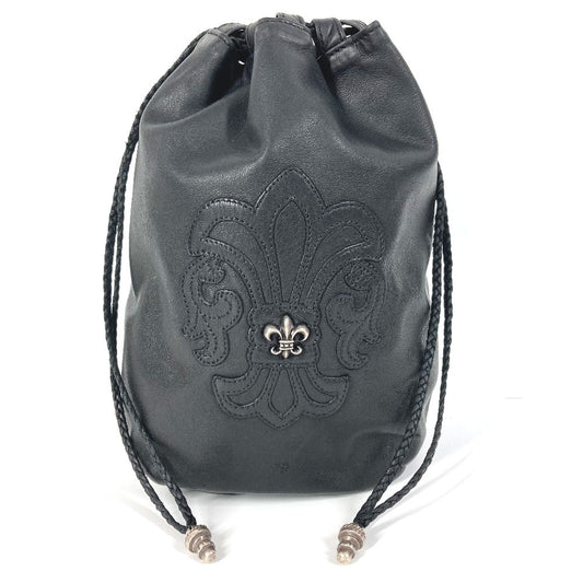 CHROME HEARTS フラップ BSフレア ドローストリング 巾着 カバン スクロールラベル ポーチ ハンドバッグ レザー ユニセックス ブラック
