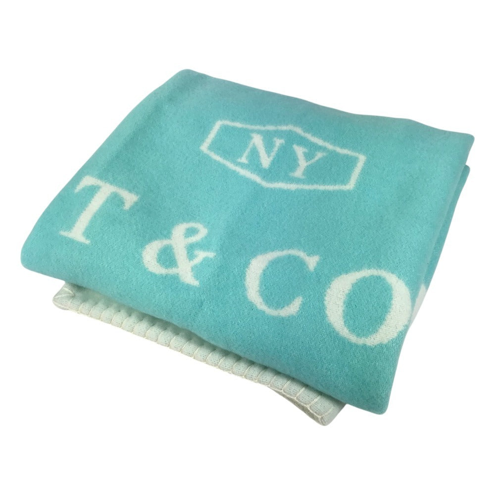 TIFFANY&Co. Blanket Interior Lap Blanket Fringe Logo Blanket Wool/Cashmere Unisex Blue