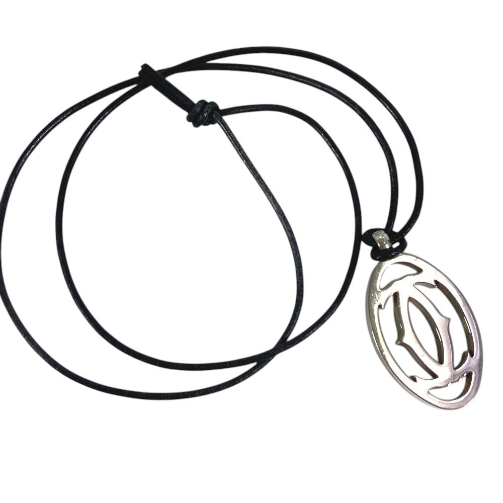 CARTIER T1220157 2C Decor Rhodium Finish Necklace Choker Leather Cord Accessory Pendant Top Metal Unisex Silver