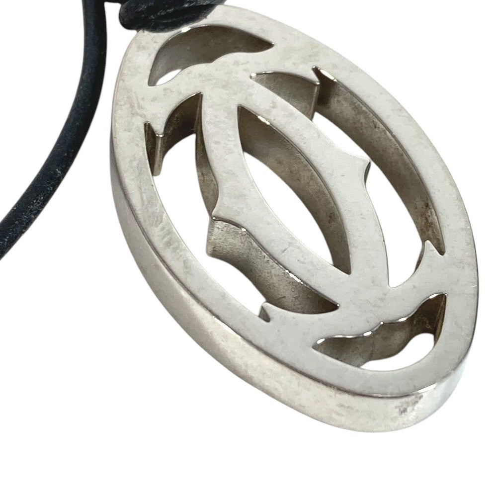 CARTIER T1220157 2C Decor Rhodium Finish Necklace Choker Leather Cord Accessory Pendant Top Metal Unisex Silver