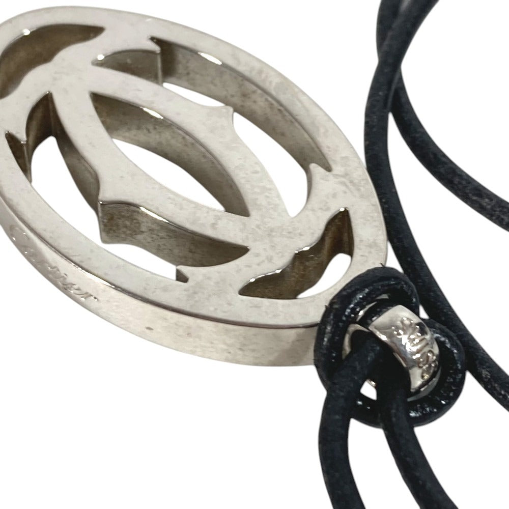 CARTIER T1220157 2C Decor Rhodium Finish Necklace Choker Leather Cord Accessory Pendant Top Metal Unisex Silver