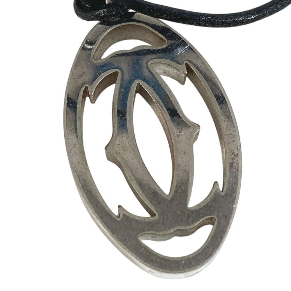 CARTIER T1220157 2C Decor Rhodium Finish Necklace Choker Leather Cord Accessory Pendant Top Metal Unisex Silver