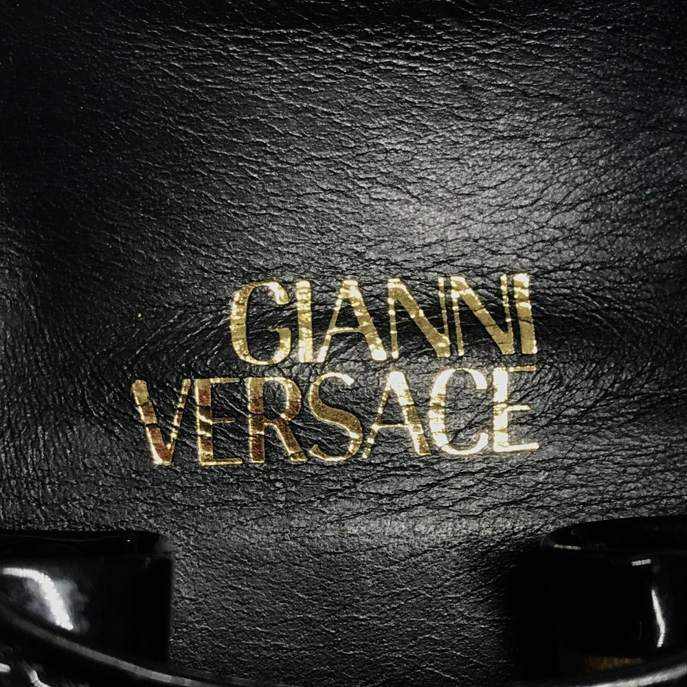 VERSACE ヴィンテージ サンバースト ロゴ 携帯ポーチ カバン 斜め掛け ポシェット フラップ チェーンバッグ ショルダーバッグ エナメル ユニセックス ブラック