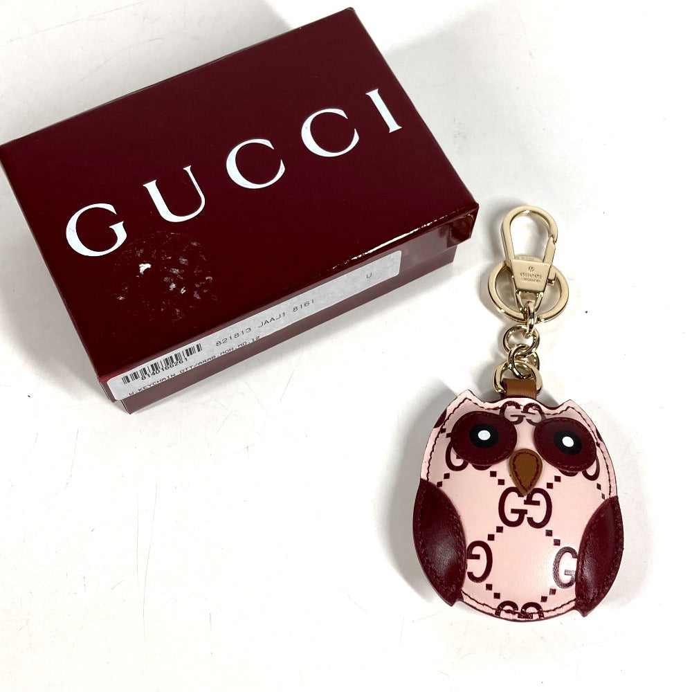 GUCCI 821813 GGエンブレム オウル ふくろう シェイプ バッグ チャーム バッグチャーム キーホルダー レザー ユニセックス ピンク
