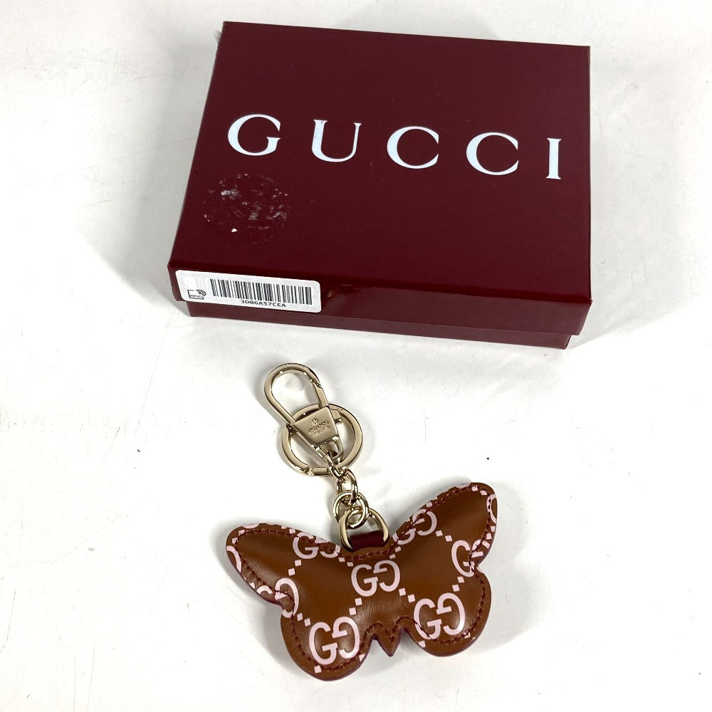 GUCCI ‎837346 GGエンブレム バタフライ 蝶 シェイプ バッグ チャーム バッグチャーム キーホルダー レザー ユニセックス ピンク
