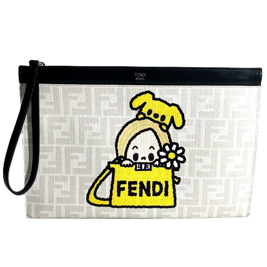 FENDI 7N0134 タロアウト Tarout コラボ ズッカ ロゴ クラッチバッグ ポーチ カバン セカンドバッグ クラッチバッグ レザー ユニセックス ホワイト