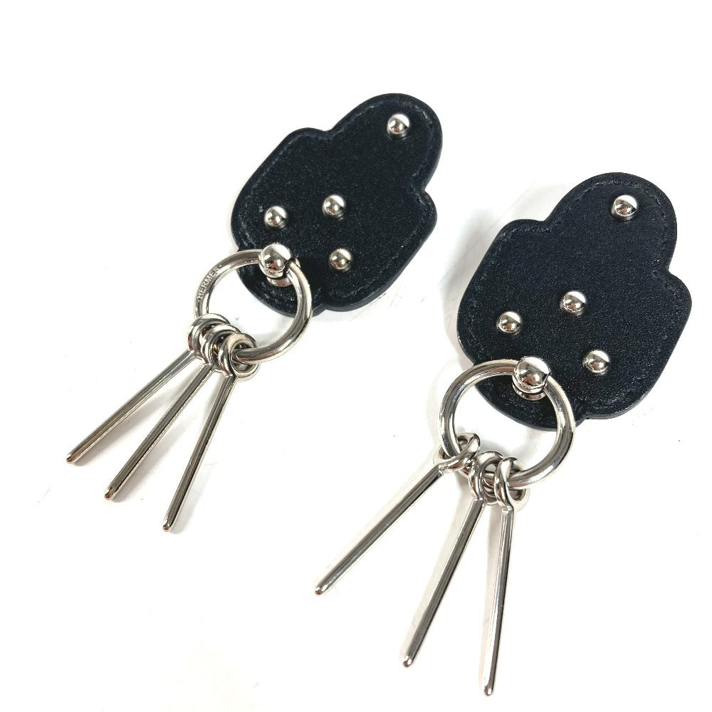 HERMES Carnaby logo Accessory Jewelry Pierce Leather Black/Silver Used
