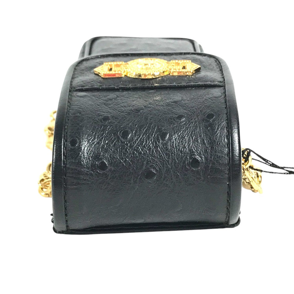 VERSACE vintage Sunburst Logo Mobile Phone Pouch Flap Chain Bag Hand Bag Embossed Leather Black Used
