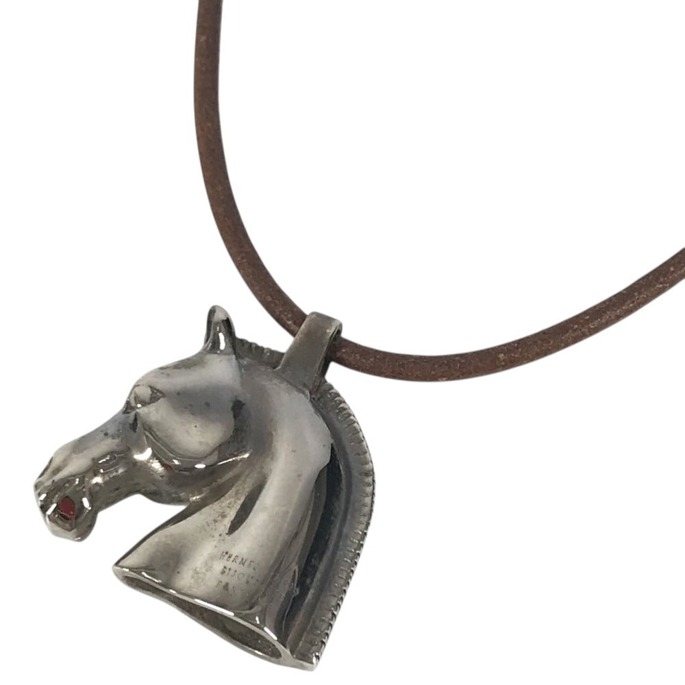 HERMES Shuval horse Accessories Choker Leather Strap Necklace Metal / Leather Silver/Brown Used