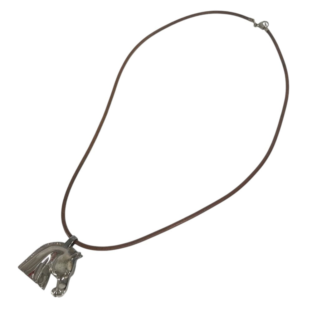 HERMES Shuval horse Accessories Choker Leather Strap Necklace Metal / Leather Silver/Brown Used