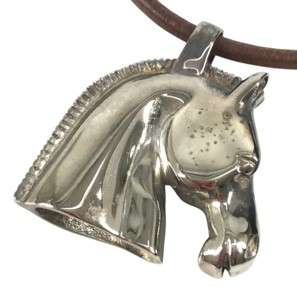 HERMES Shuval horse Accessories Choker Leather Strap Necklace Metal / Leather Silver/Brown Used